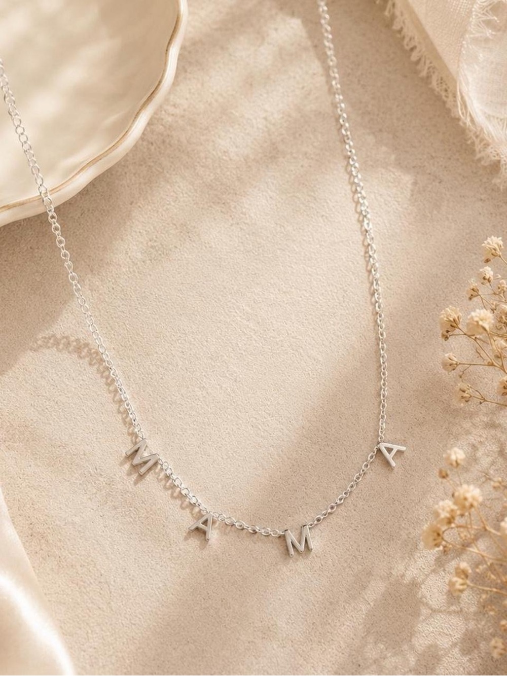 Silver Tone MAMA Letter Charm Necklace Minimal Sentimental Jewelry